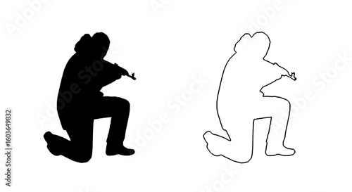 cartoon silhouette of a man squatting with an AK 47 rifle on his hand, simple line drawing of a man squatting