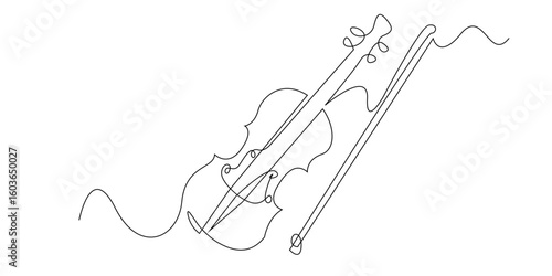 Continuous line drawing of a violin and bow. A minimalist and elegant illustration that symbolizes classical music, art, emotion, performance, and creative expression through timeless string instrumen
