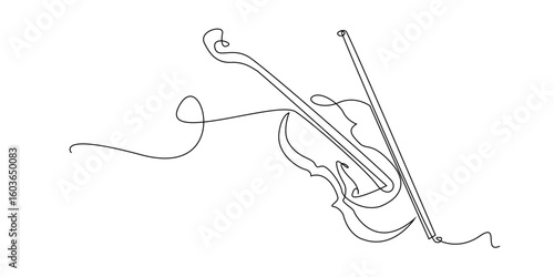 Continuous line drawing of a violin and bow. A minimalist and elegant illustration that symbolizes classical music, art, emotion, performance, and creative expression through timeless string instrumen