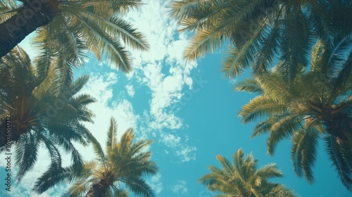Fototapeta Naklejka Na Ścianę i Meble -  Looking up at blue sky and palm trees, view from below, tropical beach background