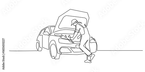 Continuous line drawing of a mechanic repairing a car with the hood open. Minimalist illustration representing automotive service, maintenance, and car repair work.