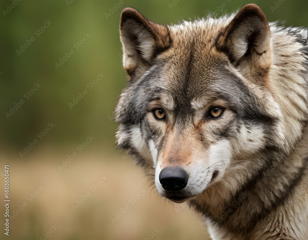 Fototapeta premium A grey wolf portrait. A natural background with copy space.