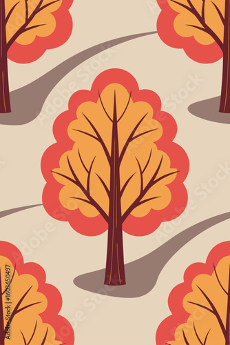 Autumn trees with warm foliage and shadows fall warm colors