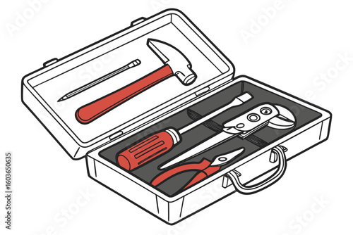 Handyman's Toolbox Awaiting Use Containing Hammer Nail Punch Screwdriver Pliers Wrench Chisel And More Tools for Repairs