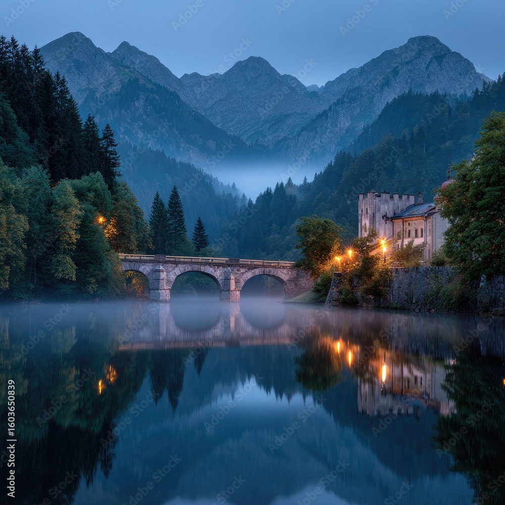 Fototapeta premium Serene mountain lake scene at twilight, stone bridge and castle reflected in calm water