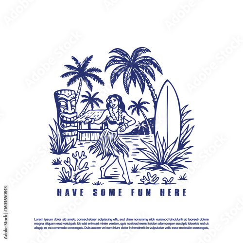 Vintage retro hand  drawn exotic Hawaiian vibes beach paradise