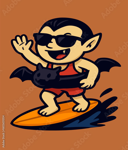Cute vampire in sunglasses surfs with bat floaties, waving with funky Halloween charm.