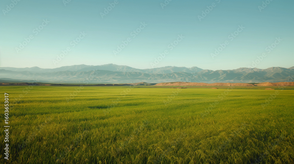 Fototapeta premium Vibrant Green Field with Distant Mountains under a Clear Sky