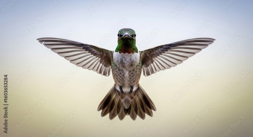 Obraz premium A stunning male hummingbird hovers in mid-air, facing forward with its wings spread wide.
