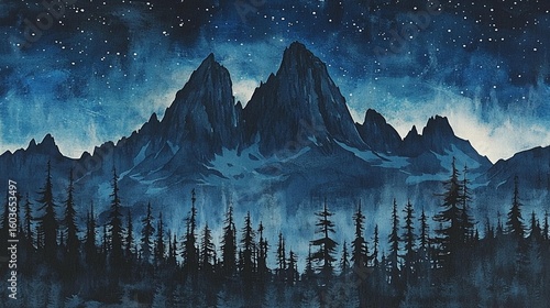 Night Sky, Mountain Peaks, Forest