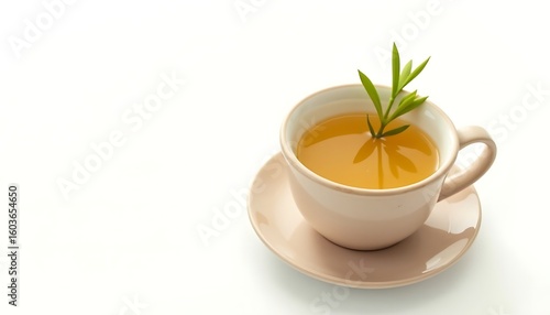 Wallpaper Mural Pale Pink Cup with Herbal Tea and Green Leaves on Bright White Background Torontodigital.ca