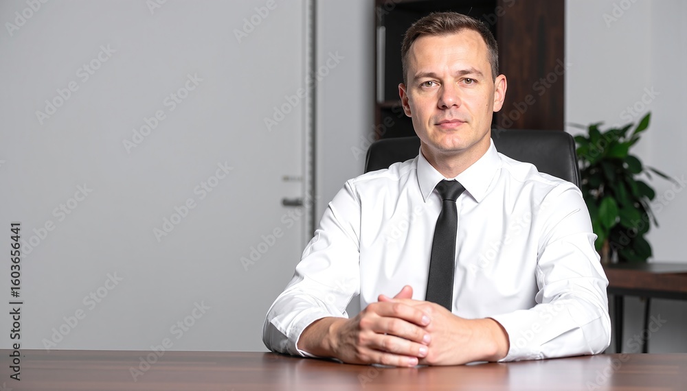 Fototapeta premium A focused man sits at his modern desk, one hand resting thoughtfully on the polished surface, surrounded by a laptop, notebooks, and a coffee mug.