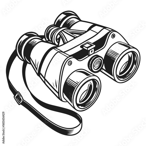 Monochrome Binoculars with Strap for Birdwatching and Exploration in Detailed Line Art Style Depicting Adventure and Clarity