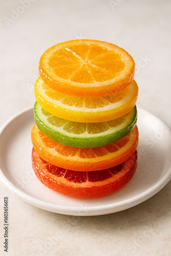 Stack of colorful citrus fruit slices on a white plate