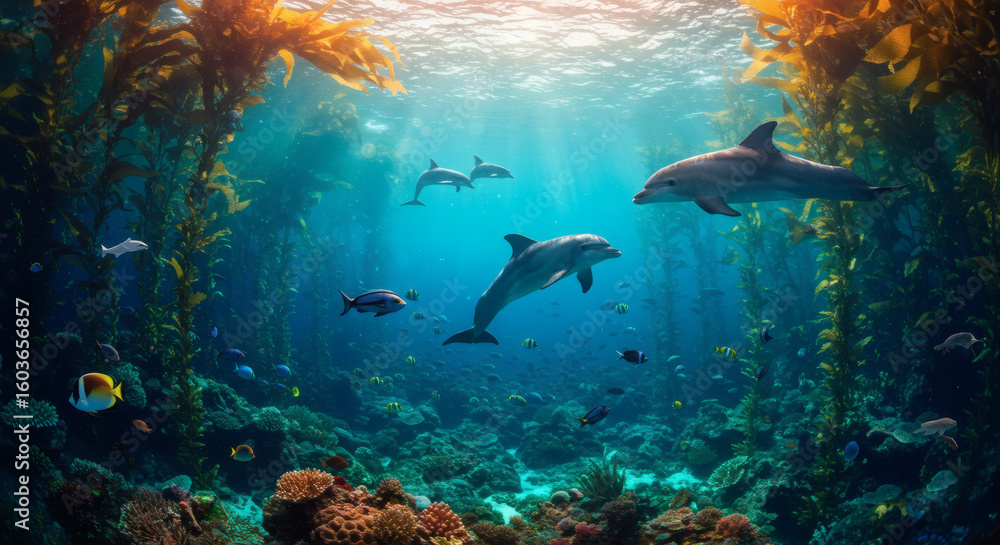 Obraz premium Playful dolphins swim gracefully through a vibrant, sunlit underwater kelp forest, surrounded by diverse marine life.