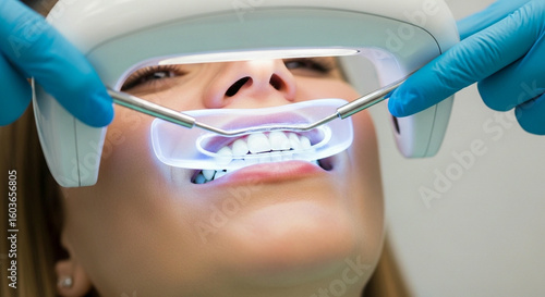 A patient with a cheek retractor during a teeth whitening or bonding dental procedure
