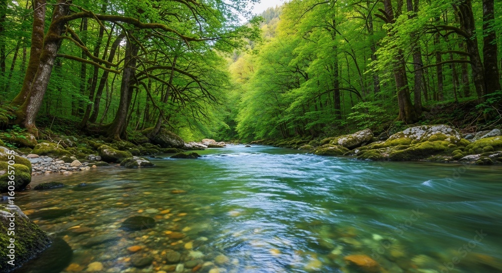 Fototapeta premium A pristine mountain river with clear, turquoise water flows through a lush, sunlit green forest.