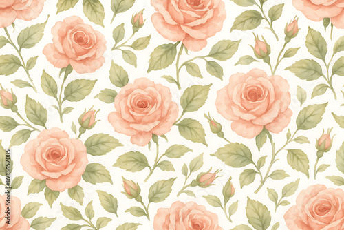 Seamless pattern of delicate peach roses and green leaves