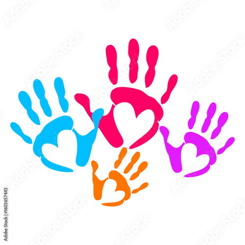 Modern Colorful Handprint with Heart Shape Inside Symbol of Togetherness Art
