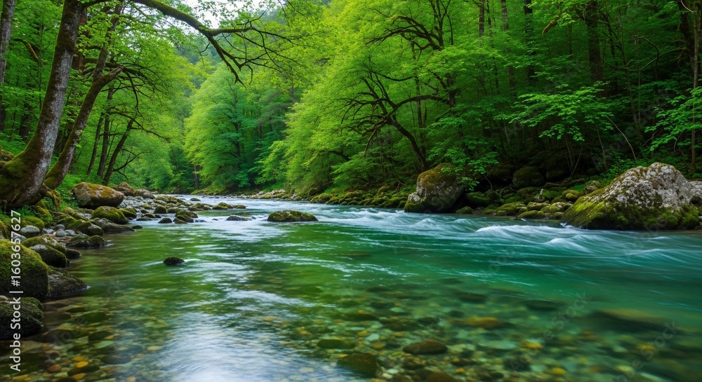 Obraz premium A pristine turquoise river flows through a lush green forest with mossy rocks on the banks.