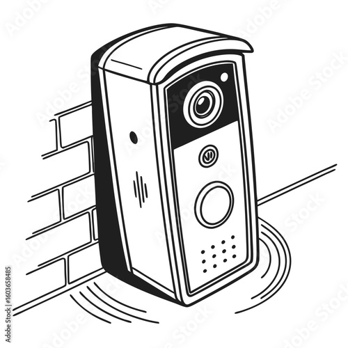 Illustration of a Smart Doorbell Security System Mounted on a Brick Wall, Emitting Wireless Signals on a White Background