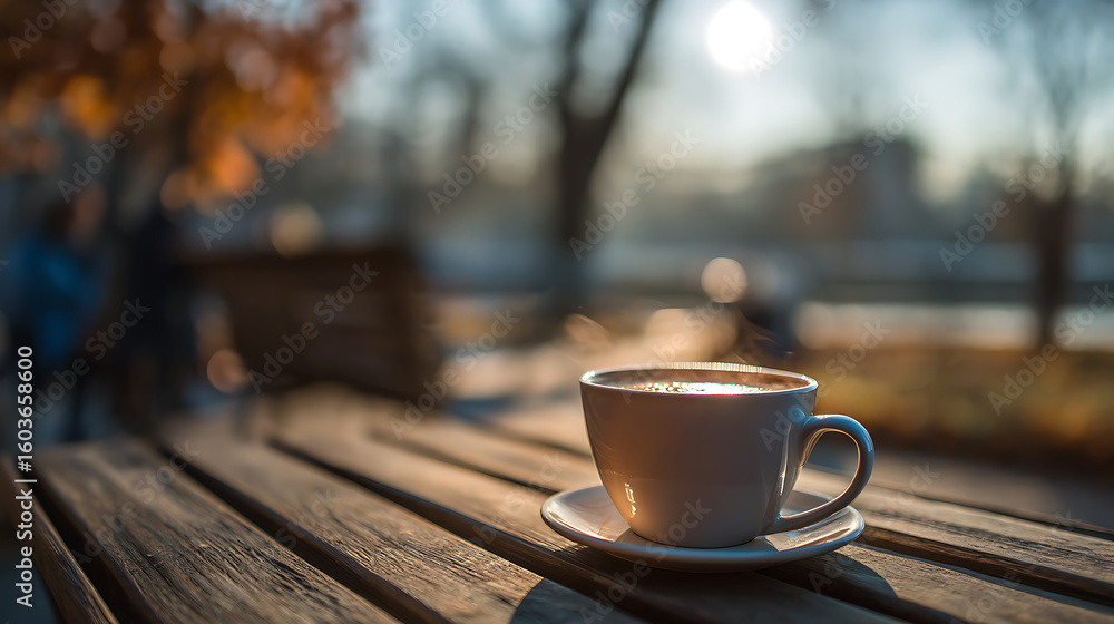 Obraz premium A steaming coffee cup on a table, peaceful morning in the park