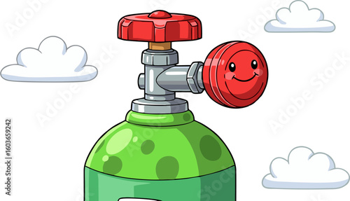 Cartoon Green Gas Tank with Smiling Red Valve and Clouds