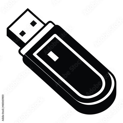 Stylized Flash Drive Icon Depicting Portable Data Storage and Modern Technology, Simple Black and White Design