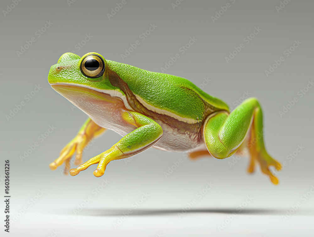 Obraz premium frog, jump, rain, green, amphibian, animal, nature, tree, tree frog, isolated, wildlife, white, macro, frogs, leaf, small, closeup, treefrog, toad, tropical, eye, cute, colorful, tree-frog, reptile, 