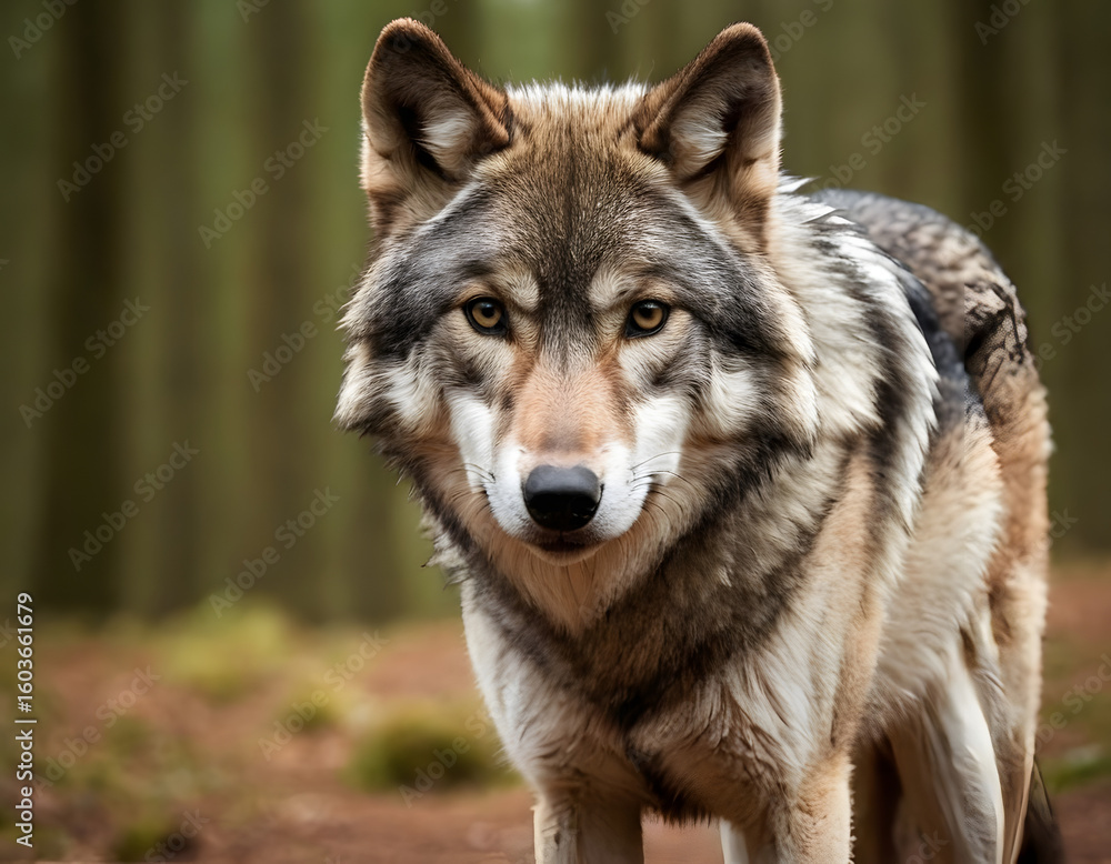A grey wolf portrait. A natural background with copy space. A grey wolf portrait. A natural background with copy space.