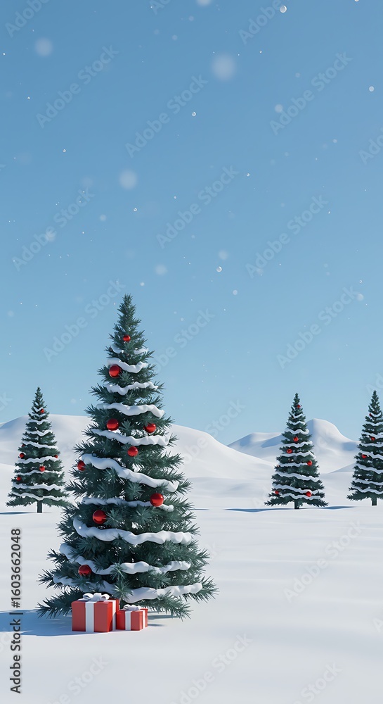 Naklejka premium 雪景色とクリスマスツリーの静寂