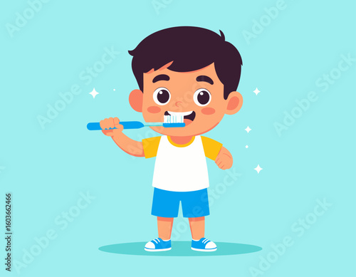 Cute cartoon teeth character is brushing himself with a funny