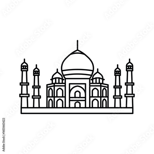 Taj Mahal pixel perfect linear icon. Marble mausoleum. Historical monument. Mughal architecture. Thin line customizable illustration. Contour symbol. Vector isolated outline drawing. Editable stroke.