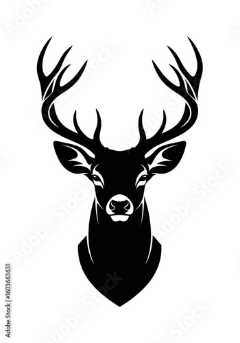 A stylized black and white illustration of a majestic stag's head with large antlers.