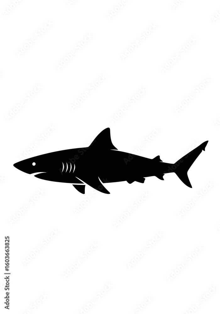 Naklejka premium A graphic illustration of a shark silhouette, shown in a side profile with visible gills and fins, isolated on a white background.