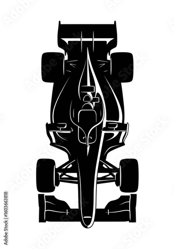 A stylized black and white illustration of a modern Formula 1 race car from a top-down aerial view.