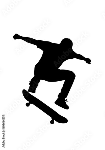 A black silhouette of a skateboarder performing a jump trick in mid-air against a white background.