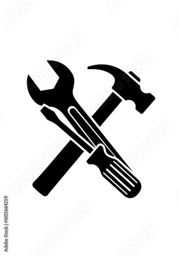A black silhouette icon of a crossed wrench, hammer, and screwdriver, symbolizing tools and repair.