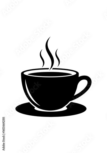 A simple black silhouette icon of a steaming hot coffee cup on a saucer against a white background.