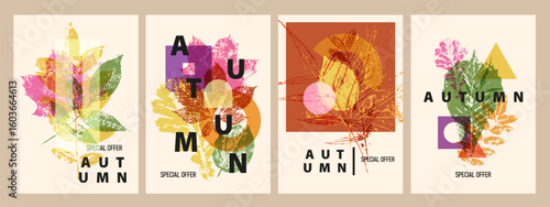 Autumn background, wallpaper, banner, card with tree leaves. Hello Autumn. Fall season design. Stamp texture leaves, geometric shapes.