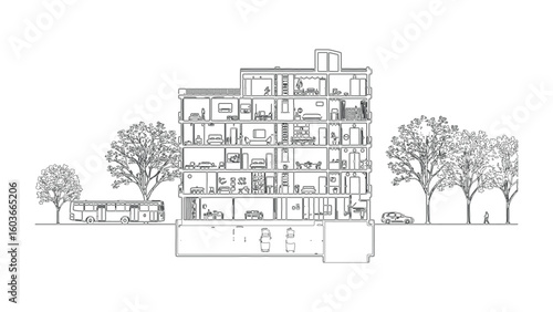 Detailed Architectural Cross Section of a Modern Apartment Building with Trees and Car