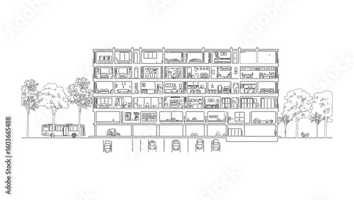 Detailed Architectural Cross Section of a Modern Apartment Building with Cars and Bus