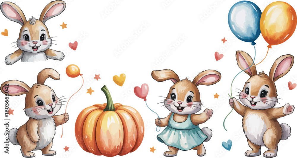 Obraz premium Adorable Cartoon Bunnies with Pumpkin and Balloons Festive Illustration on White Background, Cute