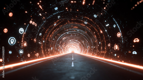 Digital tunnel with glowing icons represents strategy foresight and trends in technology