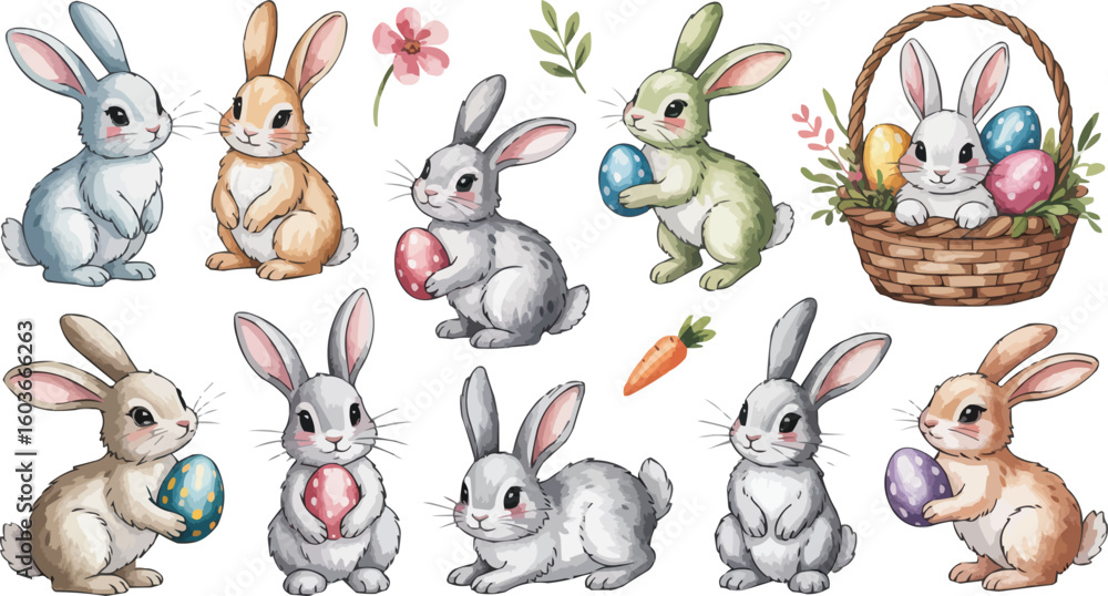 Obraz premium Adorable Watercolor Easter Bunnies Collection with Eggs, Basket, Carrot, and Flower Decorations on White Background