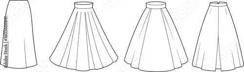 Collection of Women's Skirts: A-Line, Pleated, Full Circle, and Pleated Skirt with Slit, Flat Fashion Sketches for Apparel Design, Pattern Making, and Style Illustration