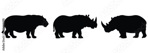 Vector silhouette set of rhinoceroses in various poses. Ideal for safari, wildlife, and endangered animal illustration themes.