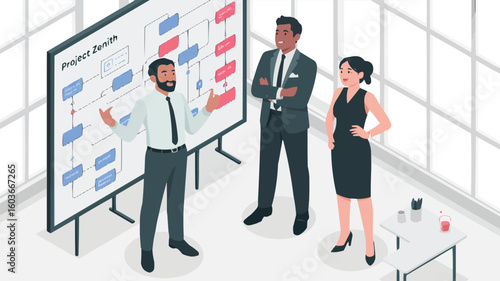 Business Presentation Man Explaining Project Zenith to Colleagues in Meeting Room Setting