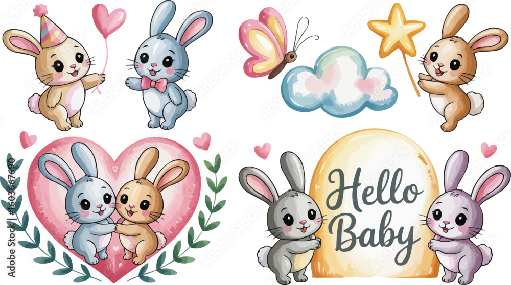 Naklejka premium Charming Watercolor Baby Bunnies and Decorative Elements for Nursery Art and Invitations Design