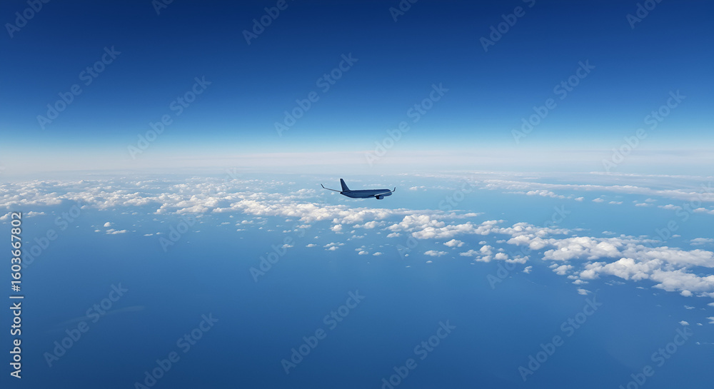 High-altitude view of a jet plane over a vast expanse of clouds and ocean High-altitude view of a jet plane over a vast expanse of clouds and ocean